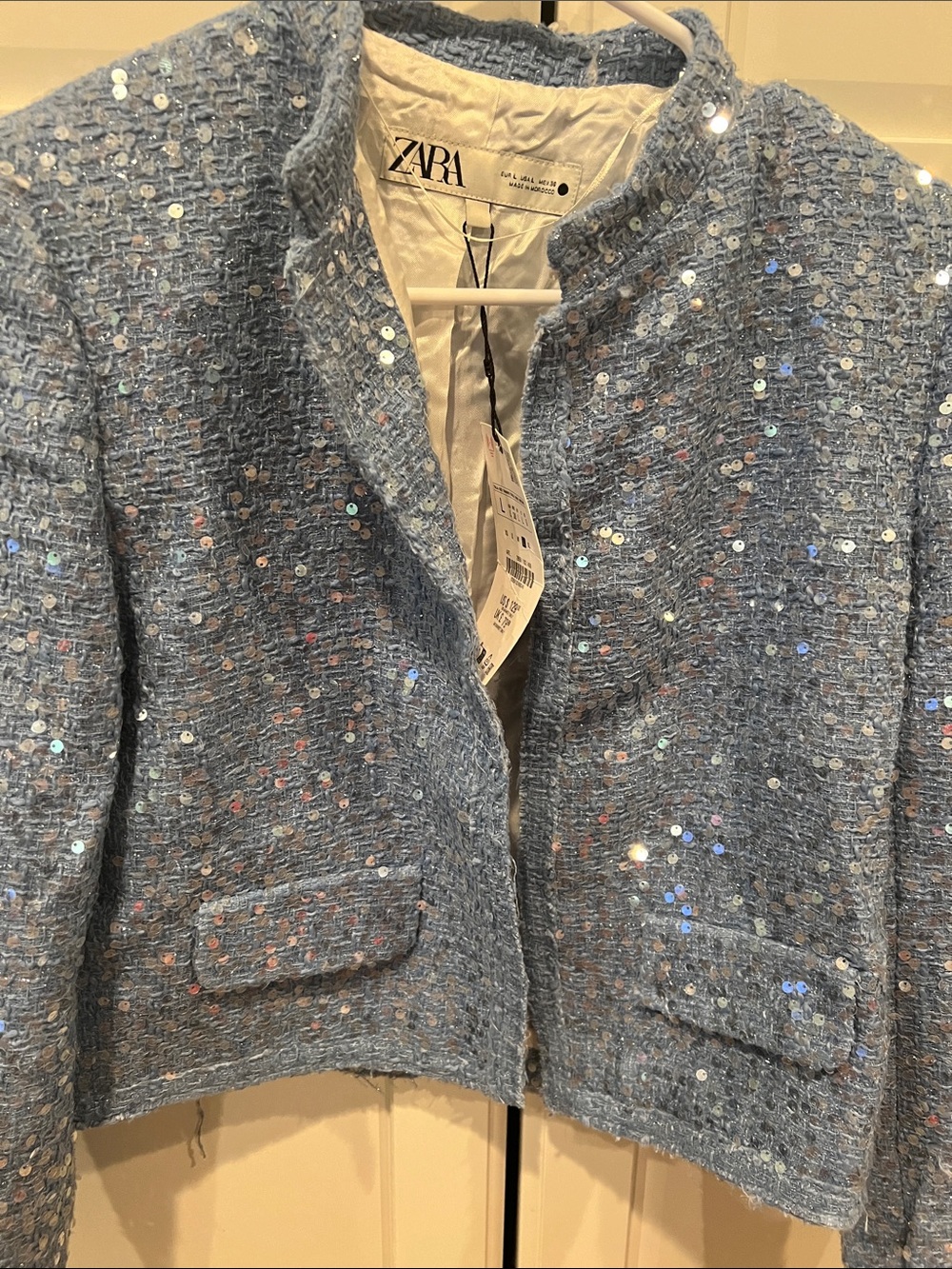 ZARA Light Blue Sequin Tweed Cropped Blazer - Picture 5 of 6